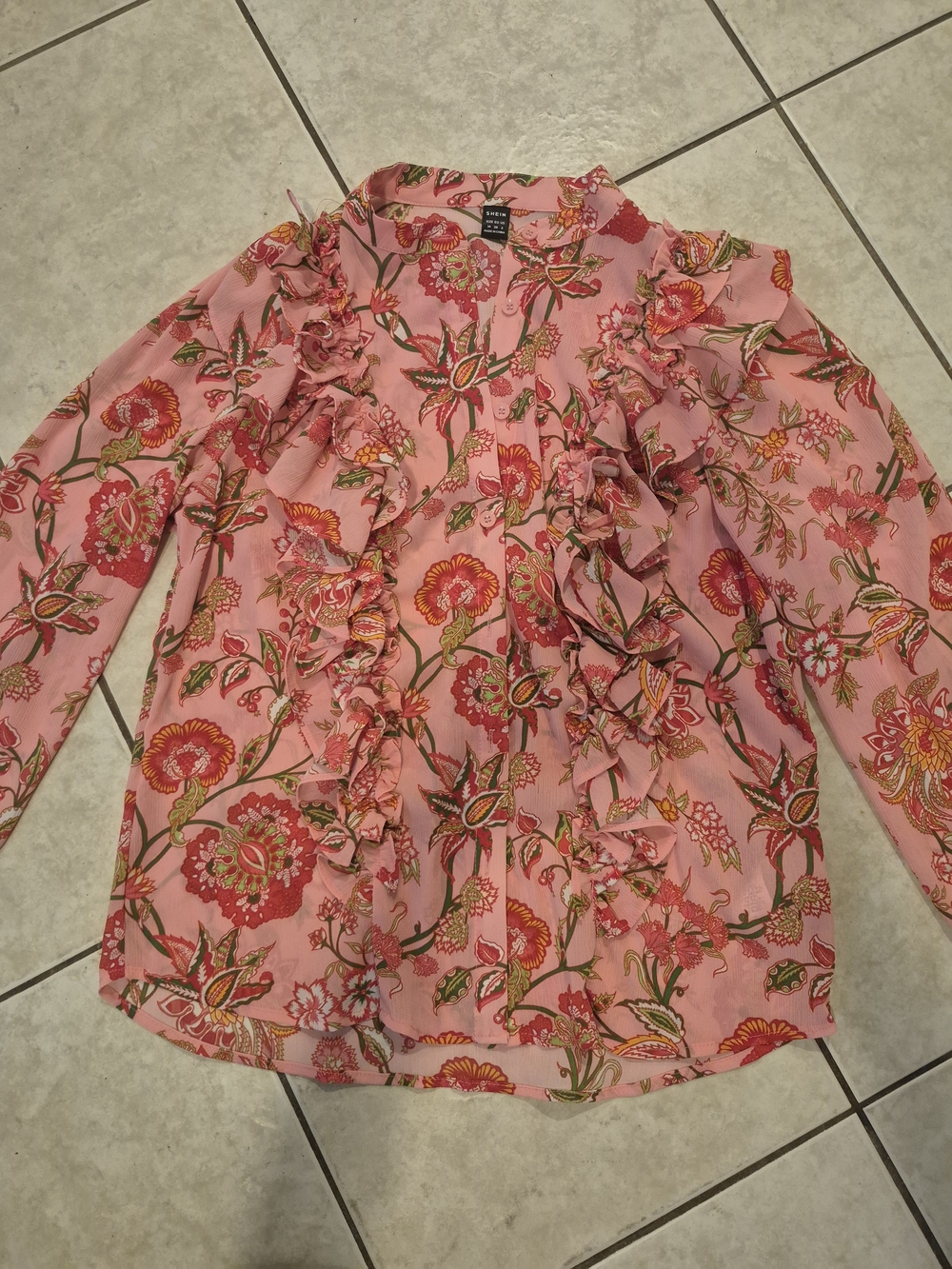 BOGO SHEIN Pink Floral Ruffle Button-Down Blouse